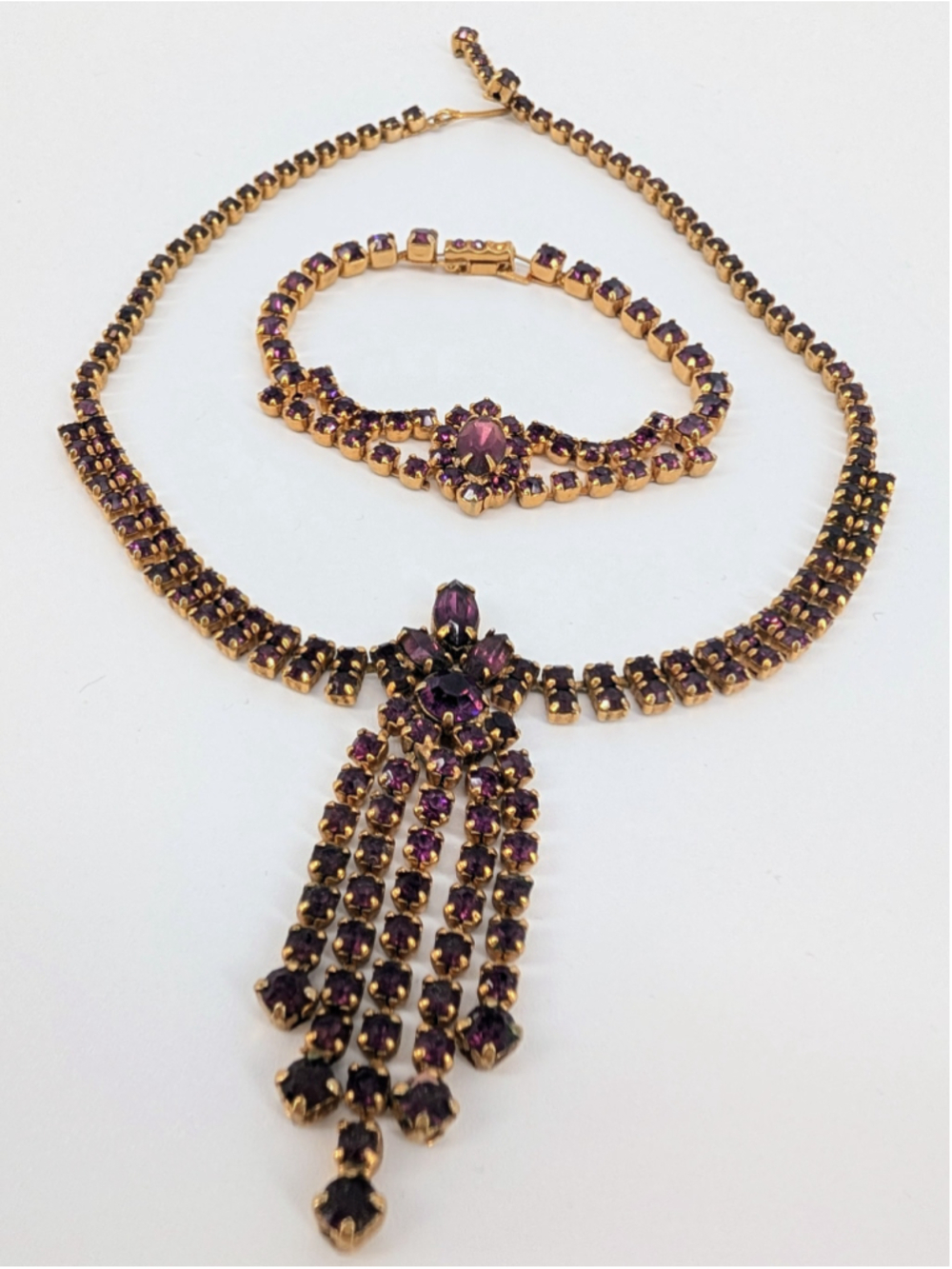 Vtg 1950s Kramer of New York Purple Rhinestone Waterfall Necklace Bracelet Set
